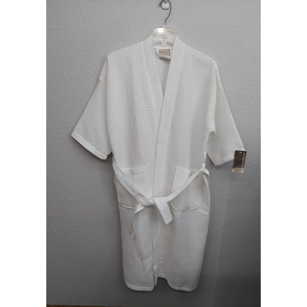 Monarch Robe One Size Fits‎ Most White Belted Spa Waffle Hotel Pockets NEW